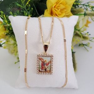 St Miguel Arcangel Square Crystal  Gold Plated Necklace